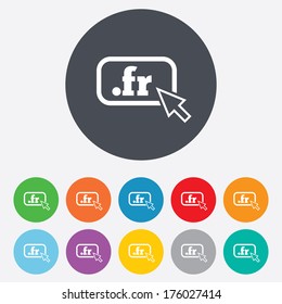 Domain FR sign icon. Top-level internet domain symbol with cursor pointer. Round colourful 11 buttons. Vector