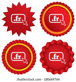 Domain FR sign icon. Top-level internet domain symbol with cursor pointer. Red stars stickers. Certificate emblem labels. Vector