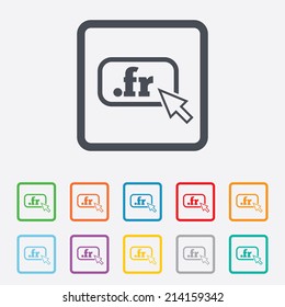Domain FR sign icon. Top-level internet domain symbol with cursor pointer. Round squares buttons with frame. Vector