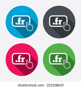 Domain FR sign icon. Top-level internet domain symbol with hand pointer. Circle buttons with long shadow. 4 icons set. Vector