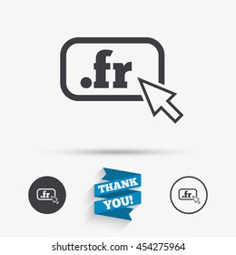 Domain FR sign icon. Top-level internet domain symbol with cursor pointer. Flat icons. Buttons with icons. Thank you ribbon. Vector
