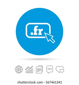 Domain FR sign icon. Top-level internet domain symbol with cursor pointer. Copy files, chat speech bubble and chart web icons. Vector