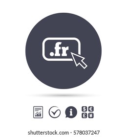 Domain FR sign icon. Top-level internet domain symbol with cursor pointer. Report document, information and check tick icons. Currency exchange. Vector