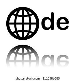 domain of Germany, globe and de. Black icon with mirror reflection on white background