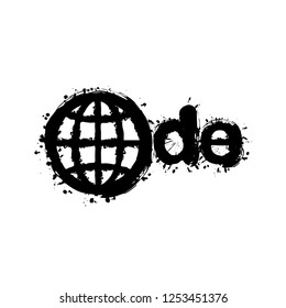 domain of Germany, globe and de. Black ink with splashes on white background