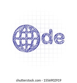 domain of Germany, globe and de. Hand drawn sketched picture with scribble fill. Blue ink. Doodle on white background