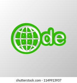 domain of Germany, globe and de. Paper style. Cut symbol with green bold contour on shape and simple shadow