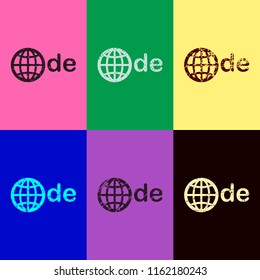 domain of Germany, globe and de. Pop art style. Scratched icons on 6 colour backgrounds. 