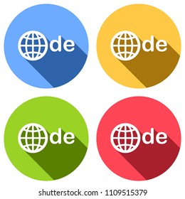 domain of Germany, globe and de. Set of white icons with long shadow on blue, orange, green and red colored circles. Sticker style