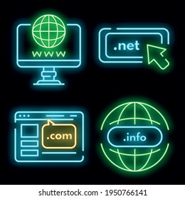 Domain-Symbole gesetzt. Rahmenset für Vektorsymbole mit Neonfarbe auf Schwarz