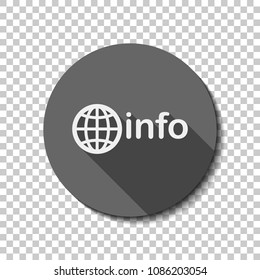 domain for information resources, globe and info. White flat icon with long shadow in circle on transparent background. Badge or sticker style