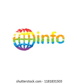 domain for information resources, globe and info. Drawing sign with LGBT style, seven colors of rainbow (red, orange, yellow, green, blue, indigo, violet