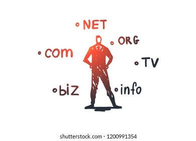 Domain, internet, name, web, hosting concept. Hand drawn domain names and technology specialist concept sketch. Isolated vector illustration.