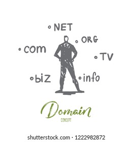 Domain, internet, name, web, hosting concept. Hand drawn domain names and technology specialist concept sketch. Isolated vector illustration.