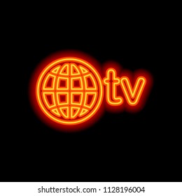 domain for media and television, globe and tv. Orange neon style on black background. Light icon