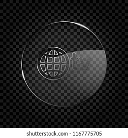 domain for media and television, globe and tv. Icon in circle glass bubble on dark transparent grid. Glass style