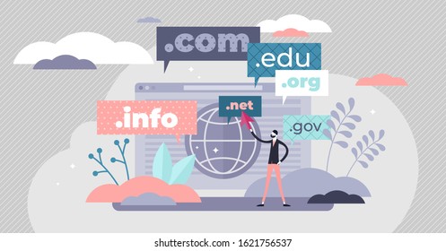 Domain name concept flat tiny person vector illustration. Stylized abstract web address registry scene with top level names. Computer screen design with globe and businessman pointing with the cursor.