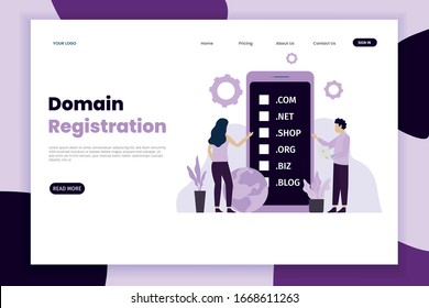 Domain name and registration concept landing page with phone. Landing page template