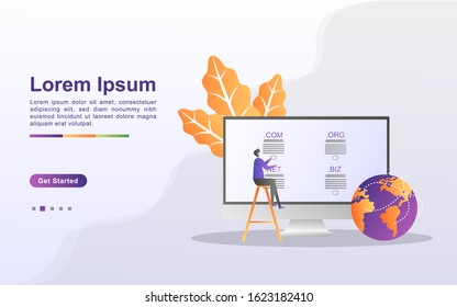 Domain name and registration concept. register a website domain, choose the right domain. Can use for web landing page, banner, mobile app. Vector Illustration