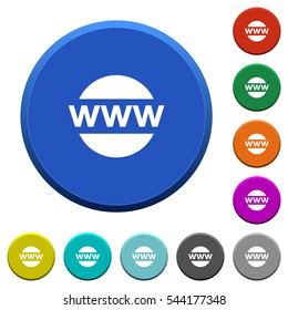 Domain name round color beveled buttons with smooth surfaces and flat white icons