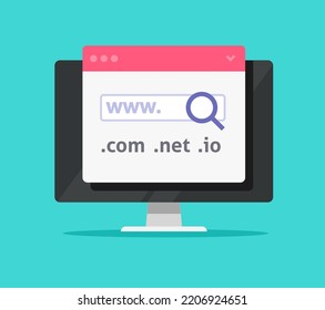 Domain Name Search Find Icon Vector Or Web Server Registration On Hosting Buy On Computer Pc Internet Site Page Flat Cartoon Graphic Illustration