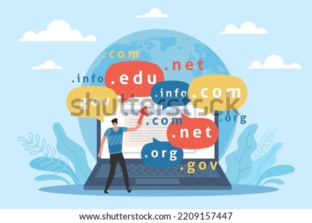 Domain name selection, web address registry. Huge laptop and tiny man. Server registration on hosting, internet site url page, cybersquatting internet. Vector cartoon flat concept