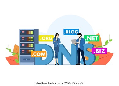 Domain name system concept, DNS, Website domain name, Internet or cyberspace, Domain registration web page, Choose, find, buy, register website domain name, flat vector illustration.