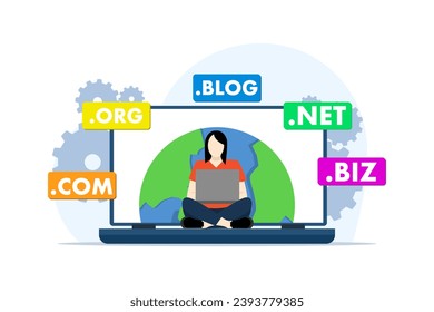 Domain name system concept, DNS, Website domain name, Internet or cyberspace, Domain registration web page, Choose, find, buy, register website domain name, flat vector illustration.