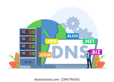 Domain name system concept, DNS, Website domain name, Internet or cyberspace, Domain registration web page, Choose, find, buy, register website domain name, flat vector illustration.