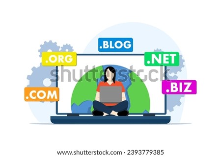Domain name system concept, DNS, Website domain name, Internet or cyberspace, Domain registration web page, Choose, find, buy, register website domain name, flat vector illustration.
