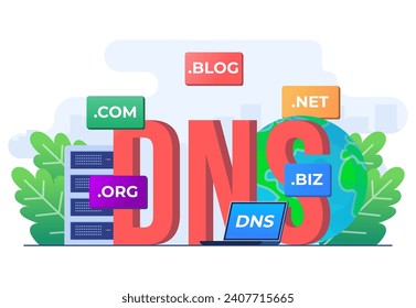 Domain name system concept flat illustration vector template, DNS, Website domain name, Internet or cyberspace, Domain registration web page, Choose, find, buy, register website domain name