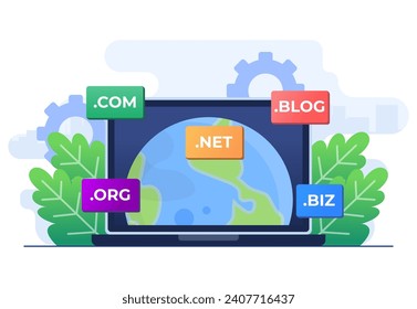 Domain name system concept flat illustration vector template, DNS, Website domain name, Internet or cyberspace, Domain registration web page, Choose, find, buy, register website domain name