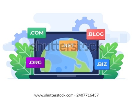 Domain name system concept flat illustration vector template, DNS, Website domain name, Internet or cyberspace, Domain registration web page, Choose, find, buy, register website domain name