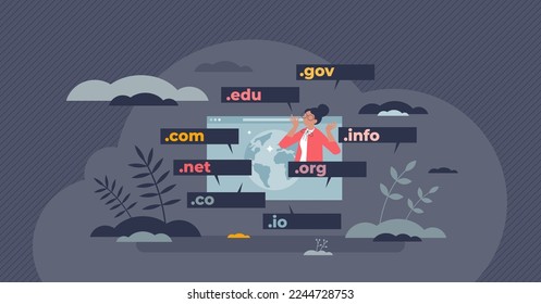 Domain name for website internet address extension tiny person concept. WWW hosting service with various names and titles vector illustration. Gov, com, net and org homepage network server types.