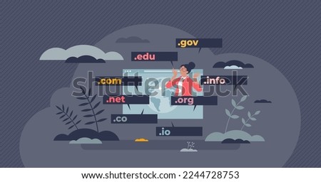 Domain name for website internet address extension tiny person concept. WWW hosting service with various names and titles vector illustration. Gov, com, net and org homepage network server types.