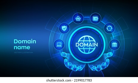 Domain names. Domain registration. Website name, url address web page. Hosting on website creation. Internet and web telecommunication technology concept in wireframe hands. Vector illustration.