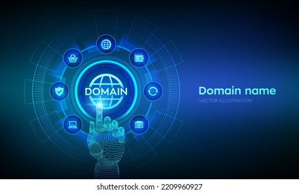 Nombres de dominio. Registro de dominio. Nombre del sitio web, dirección url página web. Alojamiento en la creación de sitios web. Internet y telecomunicaciones web. Interfaz digital con toque de mano robótica. Ilustración vectorial.