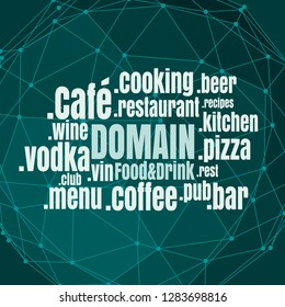 Domain names words cloud relative to food and drink theme. Internet and web telecommunication concept