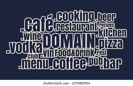 Domain names words cloud relative to food and drink theme. Internet and web telecommunication concept