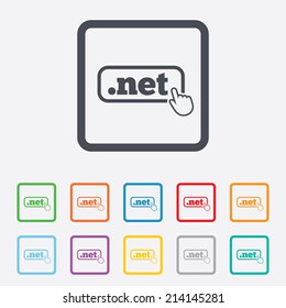 Domain NET sign icon. Top-level internet domain symbol with hand pointer. Round squares buttons with frame. Vector