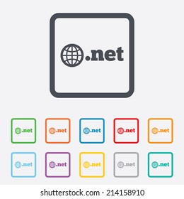 Domain NET sign icon. Top-level internet domain symbol with globe. Round squares buttons with frame. Vector