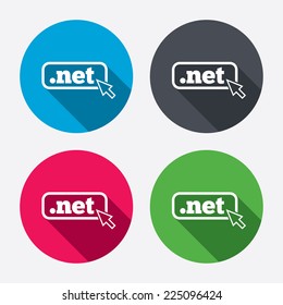 Domain NET sign icon. Top-level internet domain symbol with cursor pointer. Circle buttons with long shadow. 4 icons set. Vector