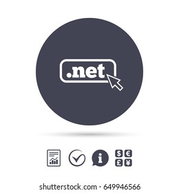 Domain NET sign icon. Top-level internet domain symbol with cursor pointer. Report document, information and check tick icons. Currency exchange. Vector