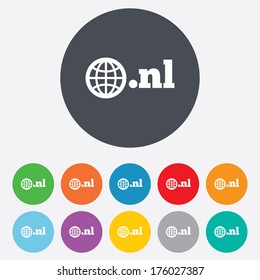 Domain NL sign icon. Top-level internet domain symbol with globe. Round colourful 11 buttons. Vector