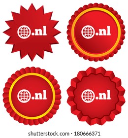 Domain NL sign icon. Top-level internet domain symbol with globe. Red stars stickers. Certificate emblem labels. Vector