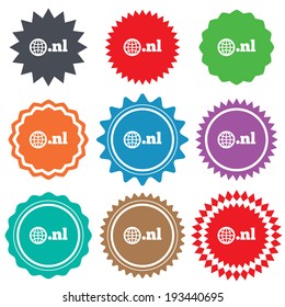 Domain NL sign icon. Top-level internet domain symbol with globe. Stars stickers. Certificate emblem labels. Vector