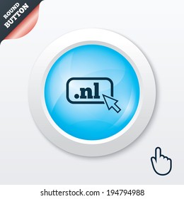 Domain NL sign icon. Top-level internet domain symbol with cursor pointer. Blue shiny button. Modern UI website button with hand cursor pointer. Vector