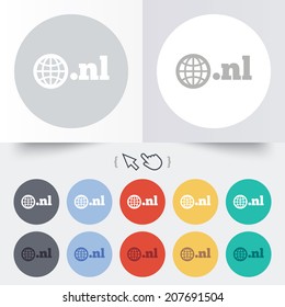 Domain NL sign icon. Top-level internet domain symbol with globe. Round 12 circle buttons. Shadow. Hand cursor pointer. Vector