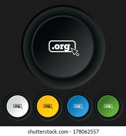 Domain ORG sign icon. Top-level internet domain symbol with cursor pointer. Round colourful buttons on black texture. Vector