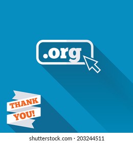 Domain ORG sign icon. Top-level internet domain symbol with cursor pointer. White flat icon with long shadow. Paper ribbon label with Thank you text. Vector